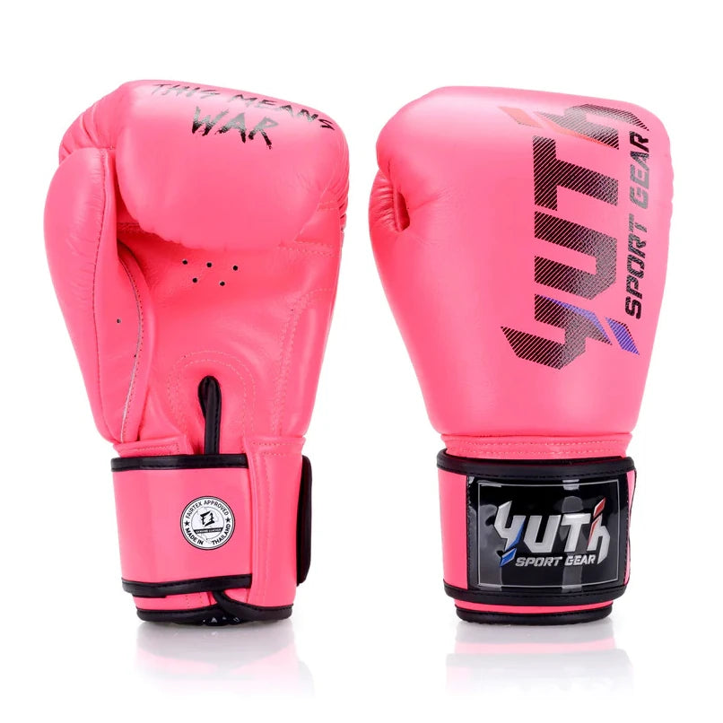 Pair of pink boxing gloves with visible branding on a white background