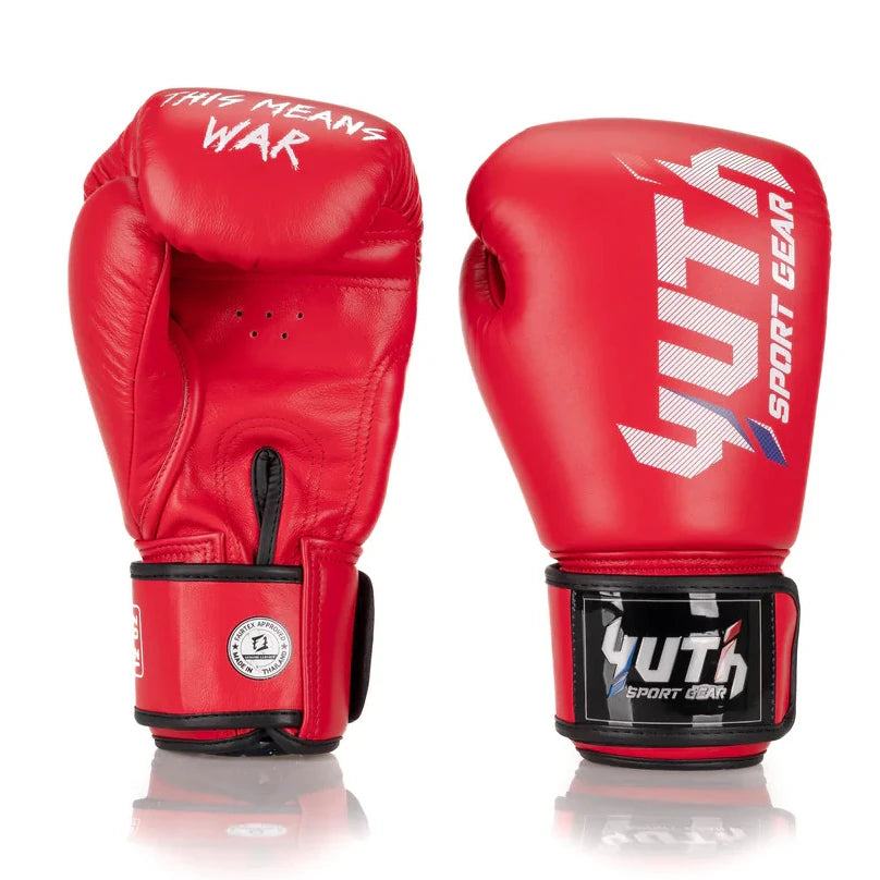 Red boxing gloves with 'Yuth Sport Gear' branding on a white background