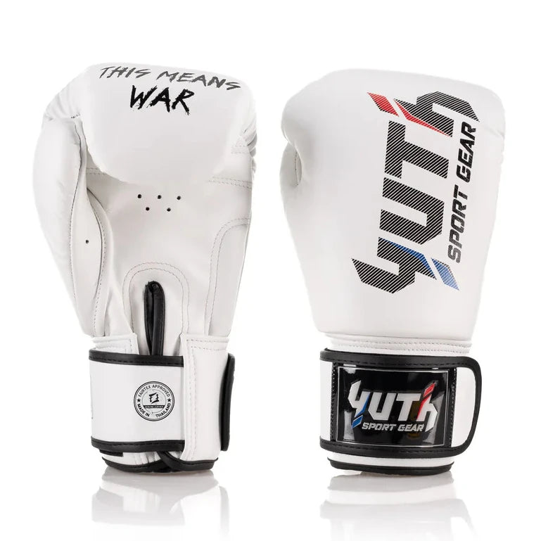 White boxing gloves with black text and branding on a white background