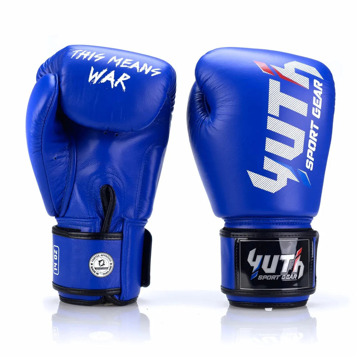 Blue boxing gloves with 'Yuth Sport Gear' branding on a white background