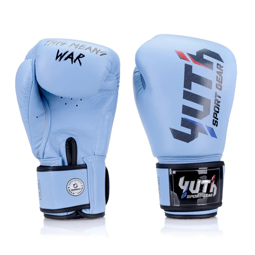 Light blue boxing gloves with 'Yuta Sport Gear' branding on a white background