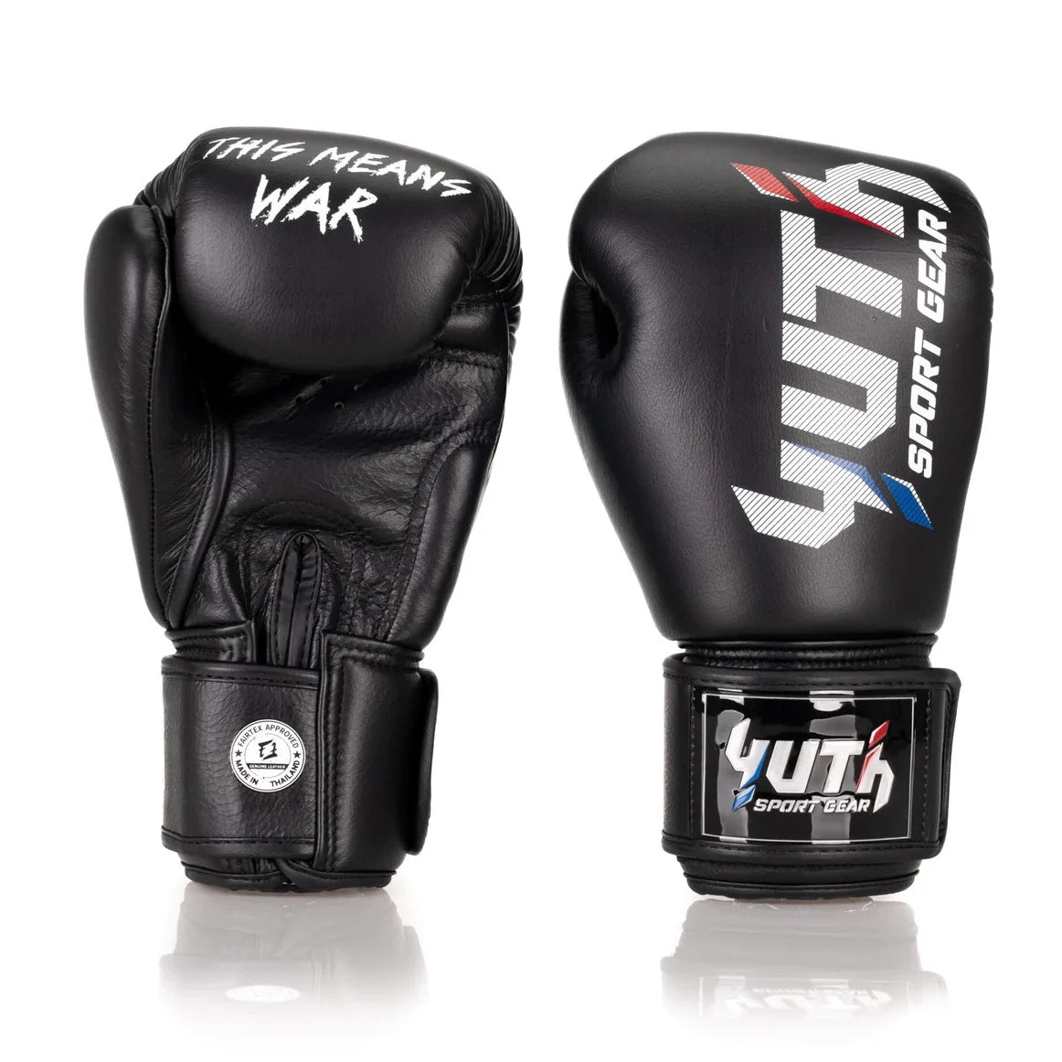 Black boxing gloves with 'Yuth Sport Gear' branding on a white background
