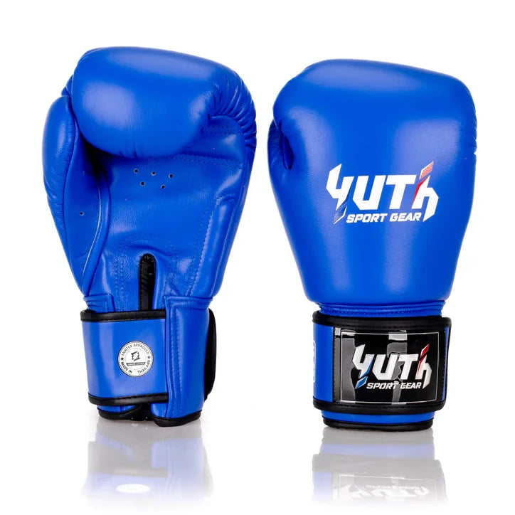 Pair of blue boxing gloves with Yuti Sport Gear branding on a white background