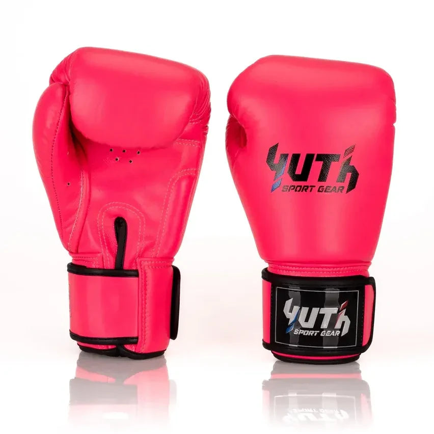 Pair of pink boxing gloves with 'YUTH Sport Gear' branding on a white background