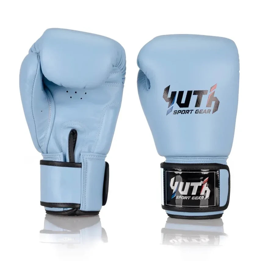 Pair of light blue boxing gloves with 'Yuth Sport Gear' branding on a white background