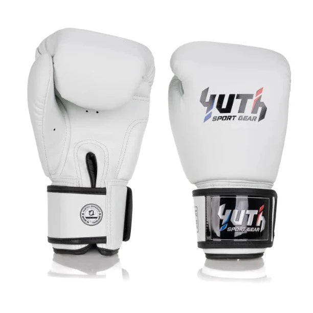 White boxing gloves with Yuth Sport Gear branding on a white background