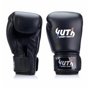 Black boxing gloves with Yuth Sport Gear logo on a white background