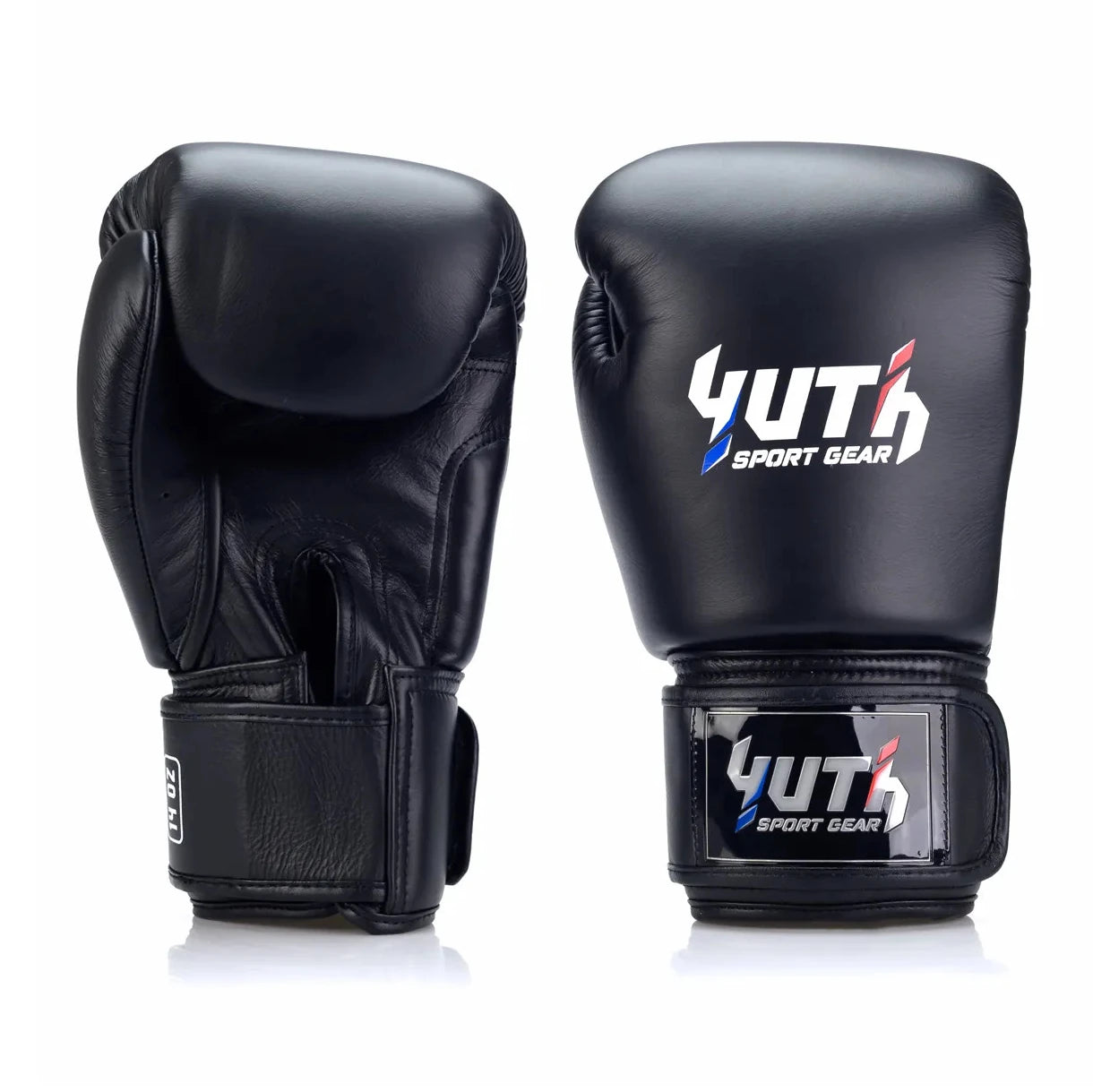 Black boxing gloves with Yuth Sport Gear logo on a white background