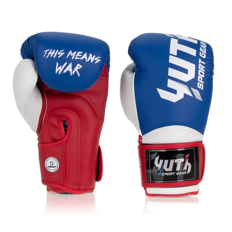 Red and blue boxing gloves with 'Yuth Sport Gear' branding on a white background