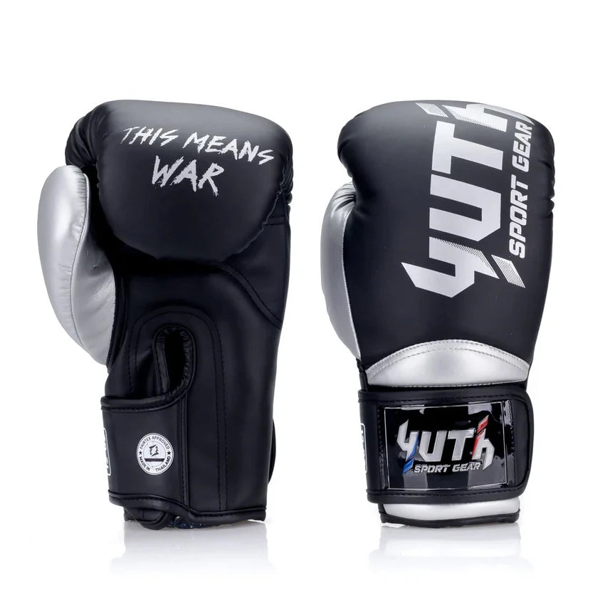 Black boxing gloves with 'Yuth Sport Gear' branding on a white background