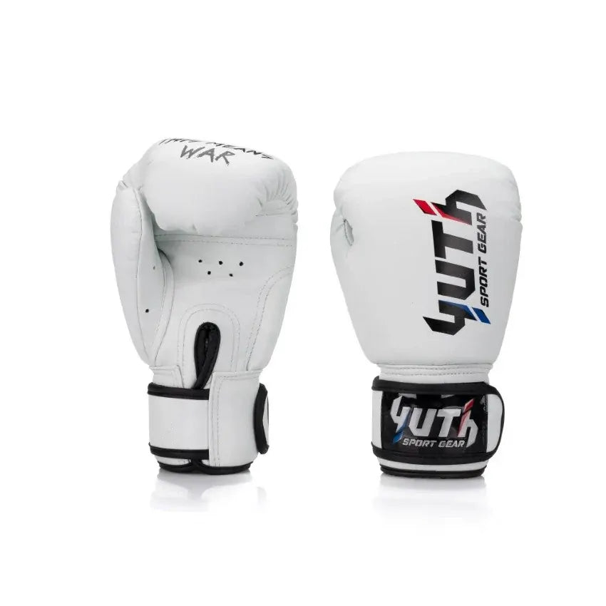 Pair of white boxing gloves with visible YUTH branding on a white background