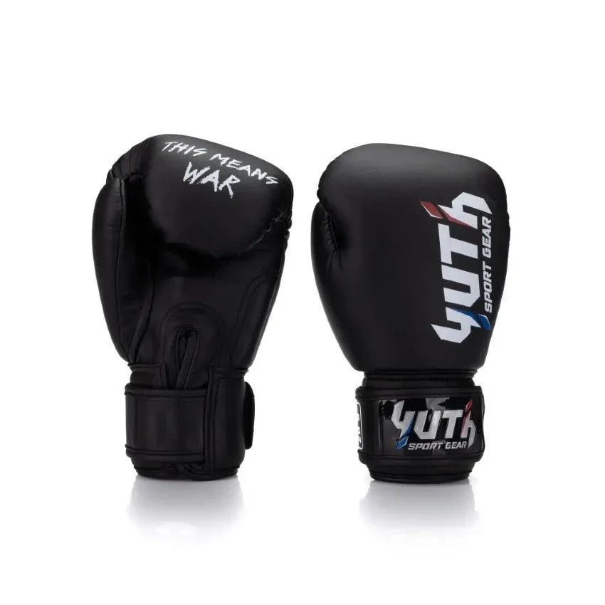 Black boxing gloves with 'Yuth Sport Gear' branding on a white background