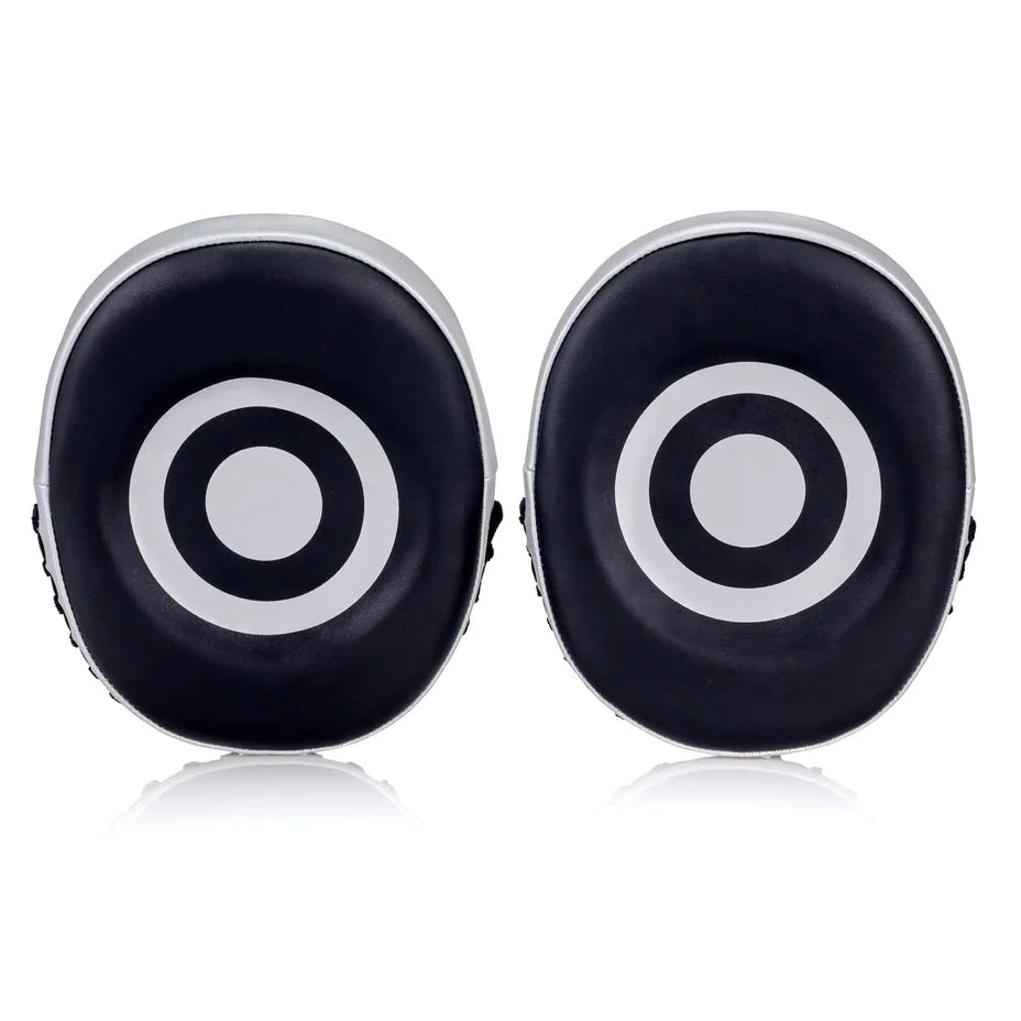 Black and silver boxing mitts with target design on a white background