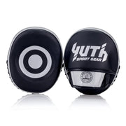 Black and white boxing focus mitts with Yuth Sport Gear branding on a white background
