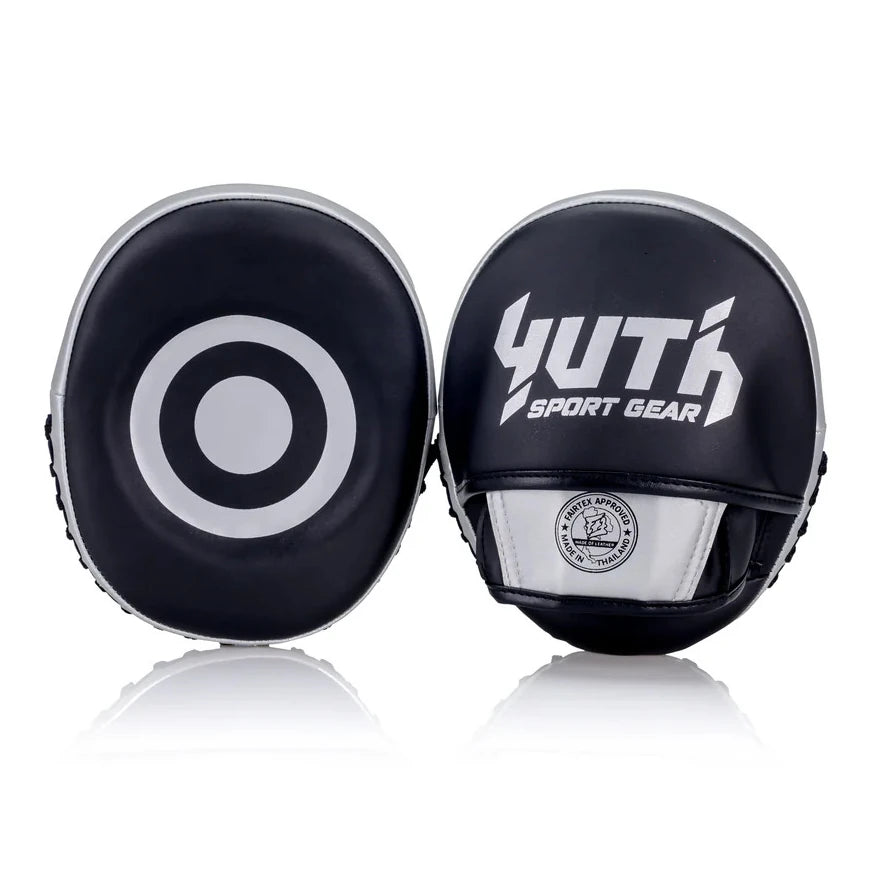 Black and white boxing focus mitts with Yuth Sport Gear branding on a white background