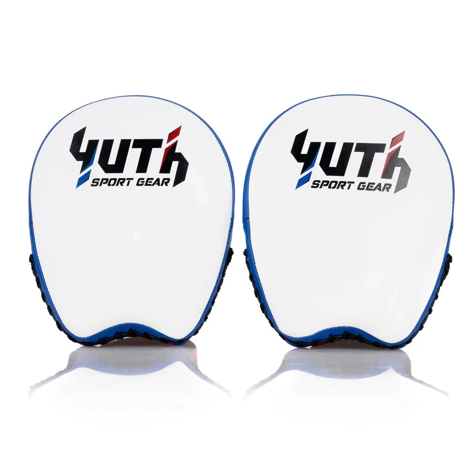 Two white boxing pads with blue edges and Yuth Sport Gear logo on a white background