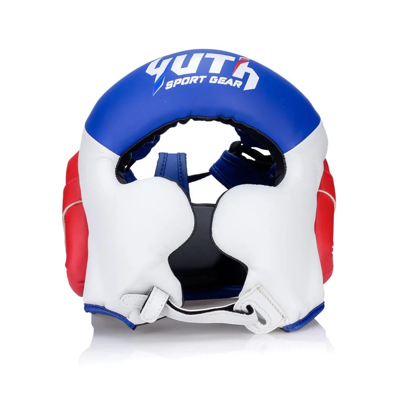 White, red, and blue boxing headgear with 'Yuth Sport Gear' branding on a white background.