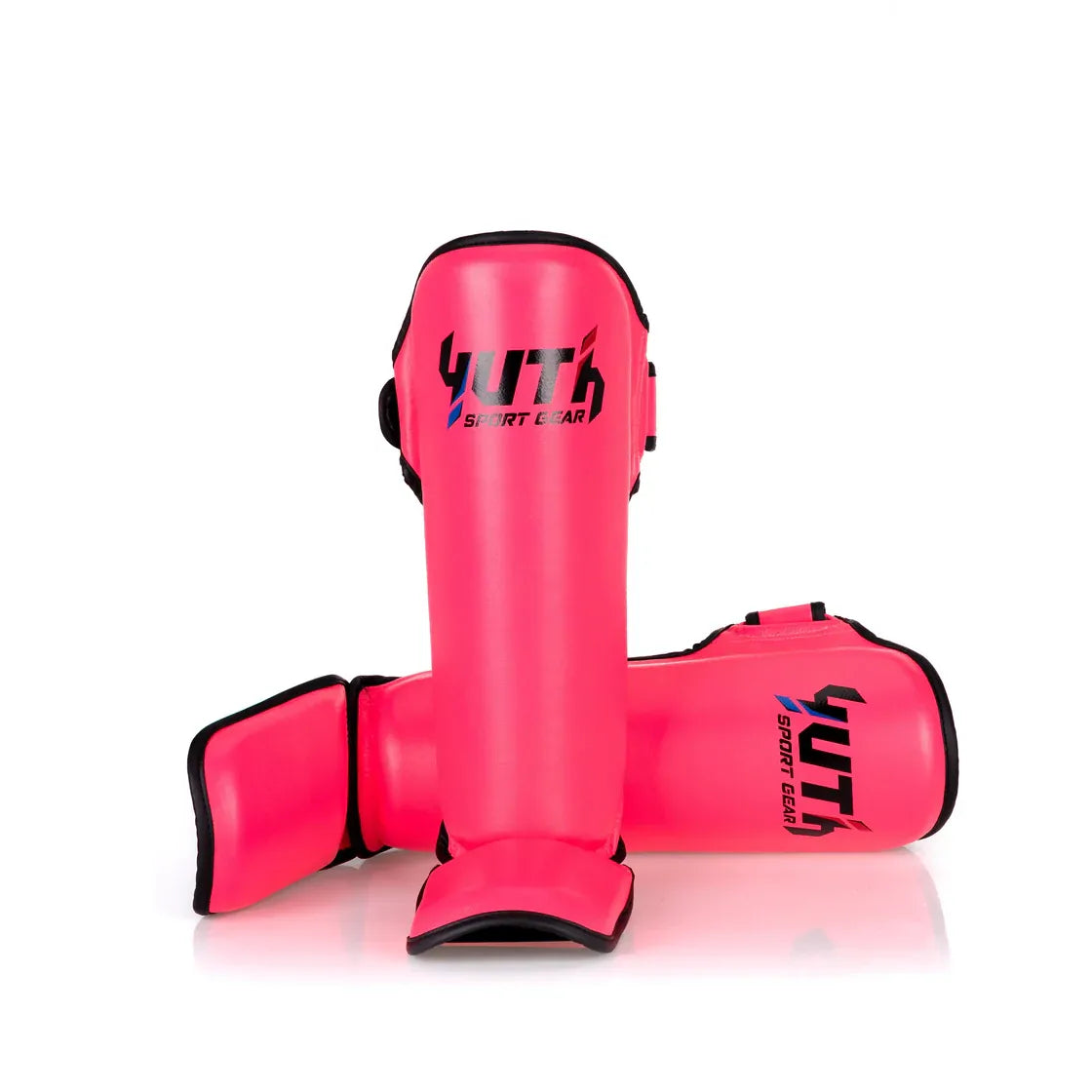 Pink shin guards with 'YUTH' branding on a white background