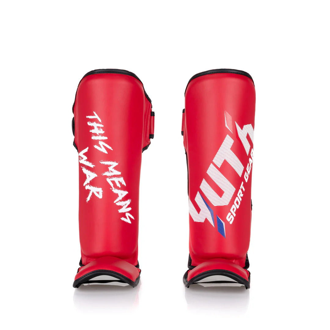 Red shin guards with white text on a white background