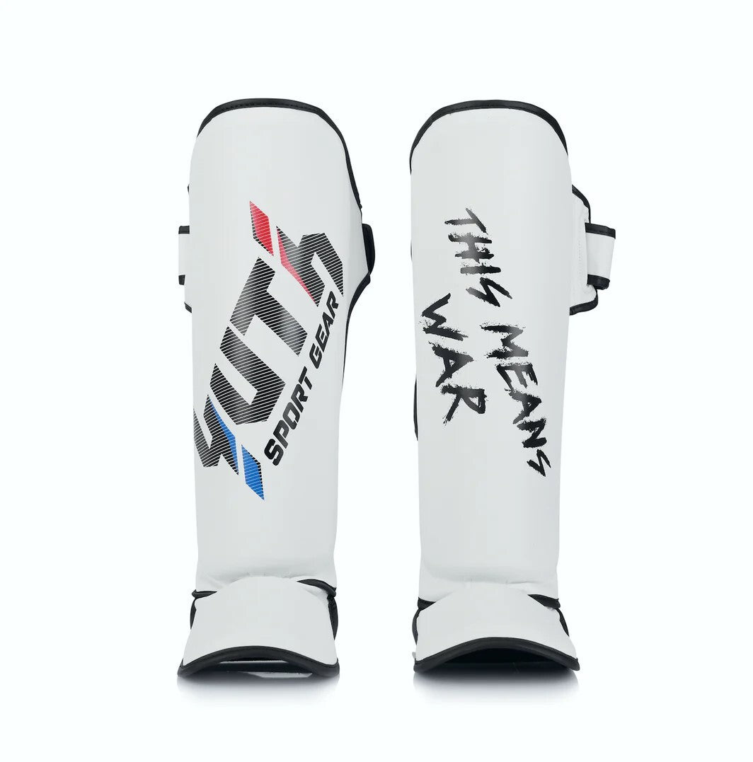 White shin guards with branding and text on a white background
