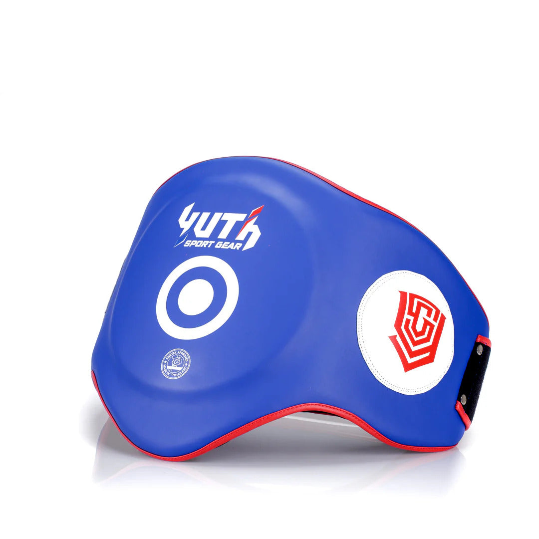 Blue and red belly gear with visible branding on a white background