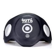 Black headgear with white circular designs and 'YUTH Sport Gear' branding on a white background