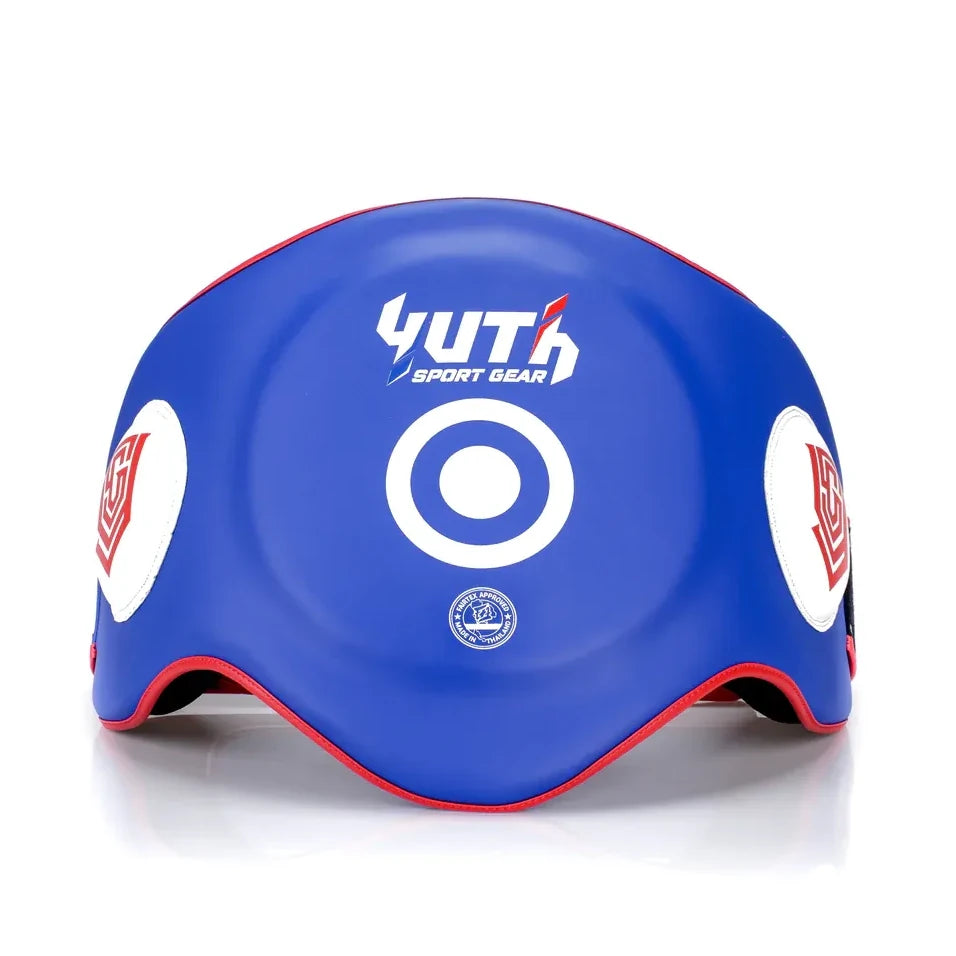 Blue belly pad with red accents and visible branding on a white background