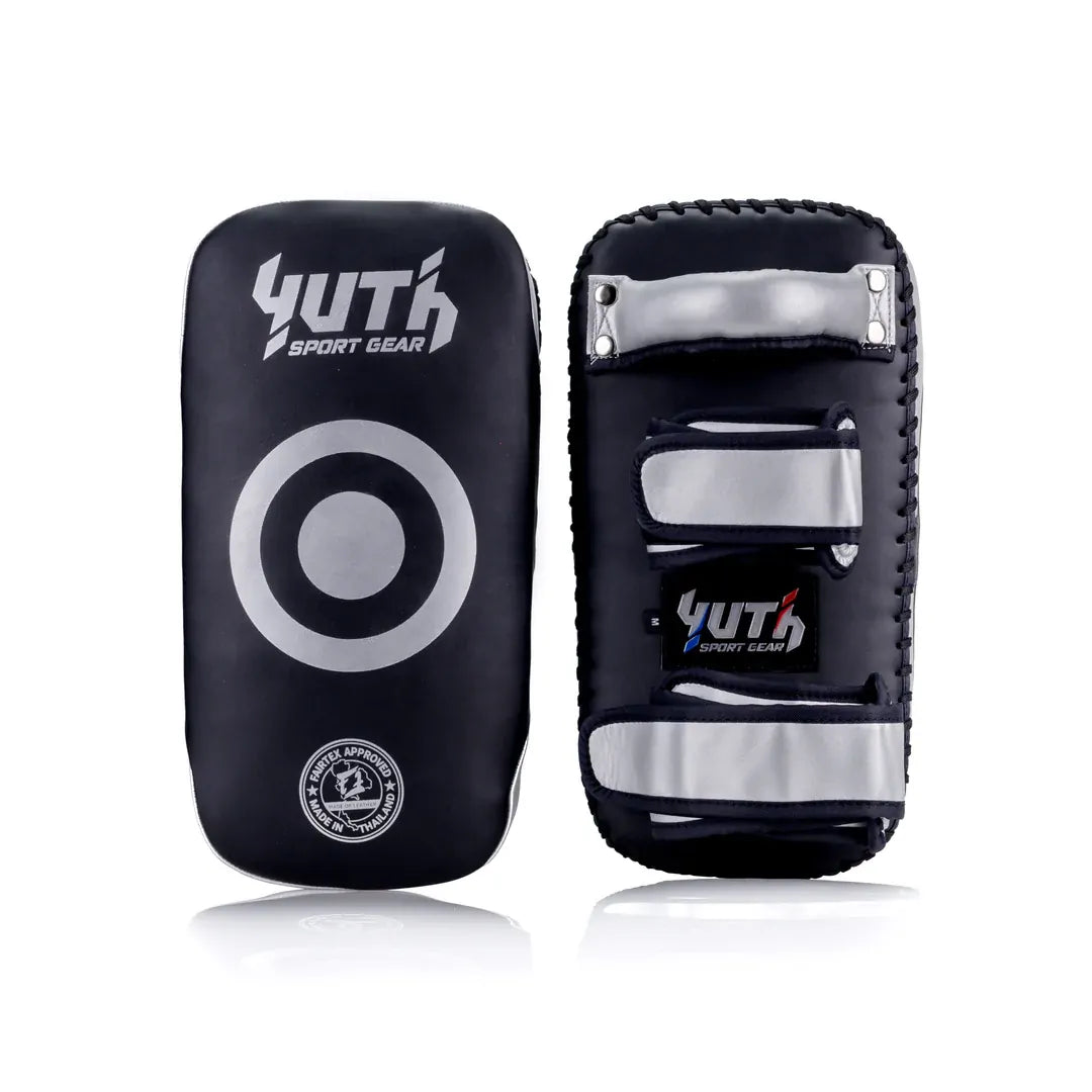 Black and silver kids Muay Thai pads with 'Yuth Sport Gear' branding on a white background