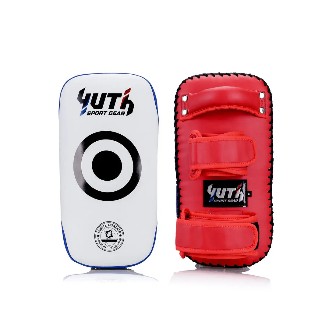 White and red Muay Thai pads with YUTH Sport Gear branding on a white background
