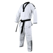 White martial arts uniform with black stripes and belt on a white background