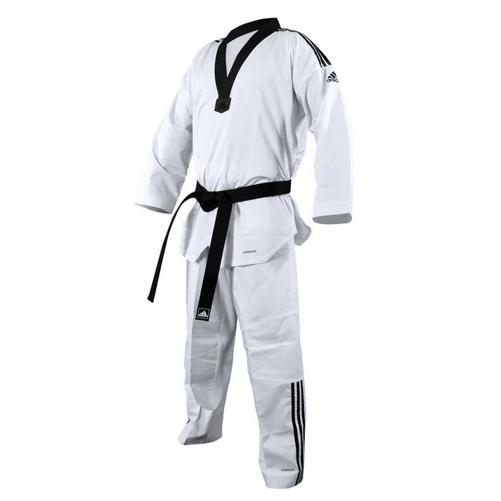White martial arts uniform with black stripes and belt on a white background