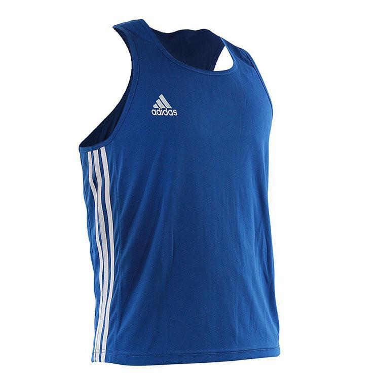 Blue Adidas tank top with white stripes on a white background