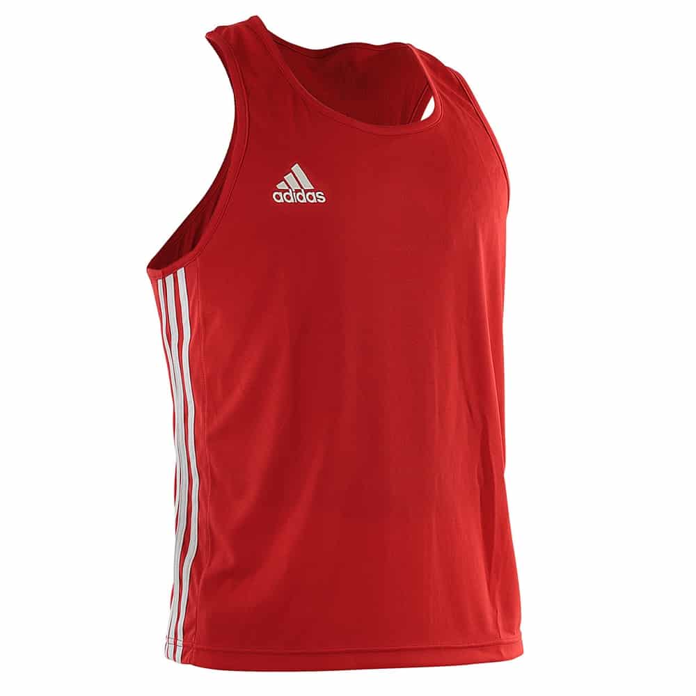 Red tank top with white stripes and Adidas logo on a white background