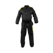Black martial arts uniform with yellow accents on a white background