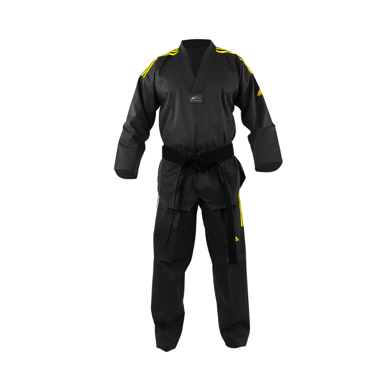 Black martial arts uniform with yellow accents on a white background