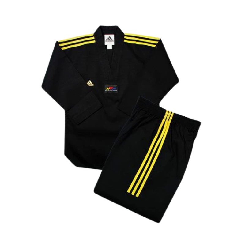 Black martial arts uniform with yellow stripes on a white background