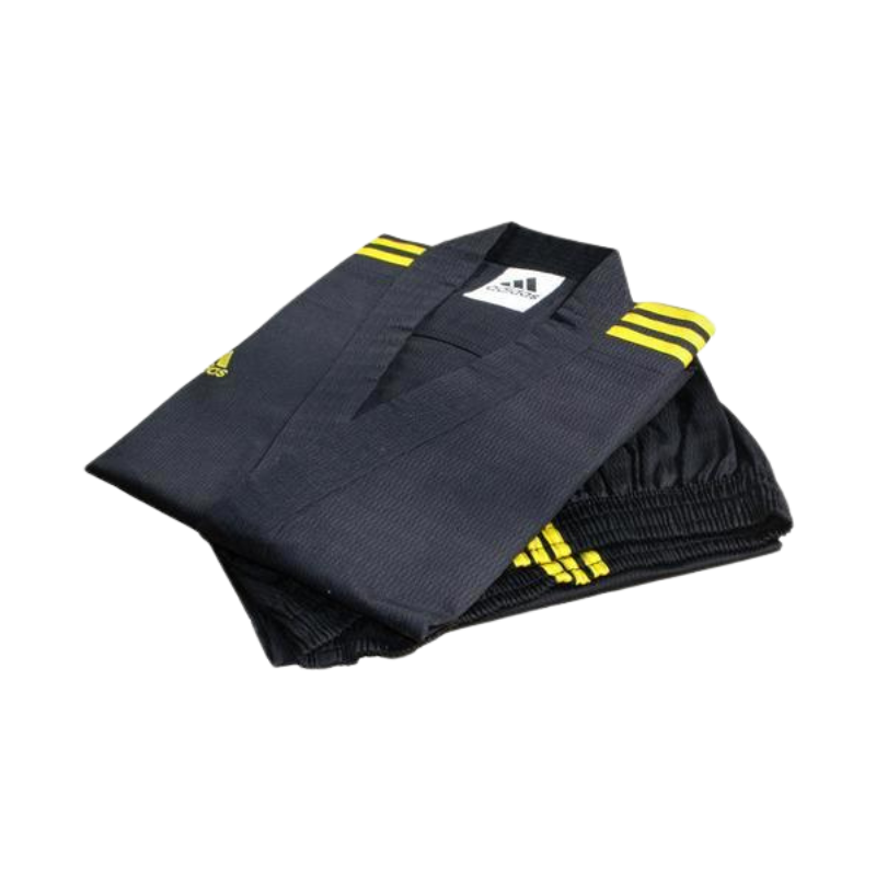 Black martial arts gi with yellow stripes on a white background