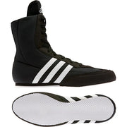 Black Adidas boxing shoes with white stripes on a white background