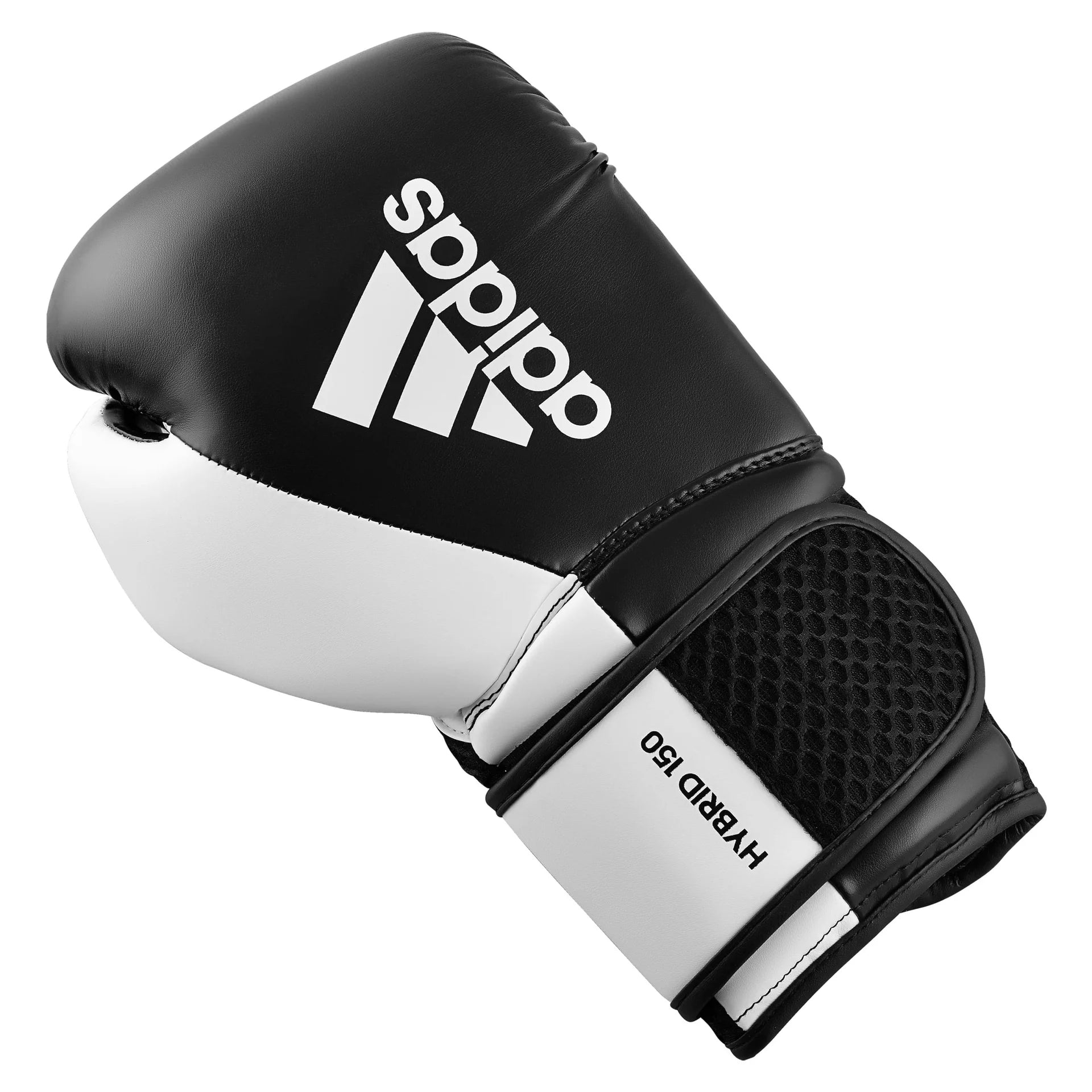 Black and white boxing glove with Adidas logo on a white background