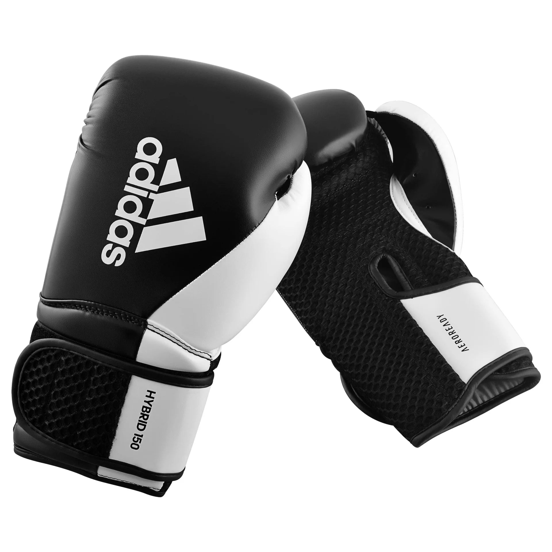 Black and white boxing gloves with Adidas logo on a white background
