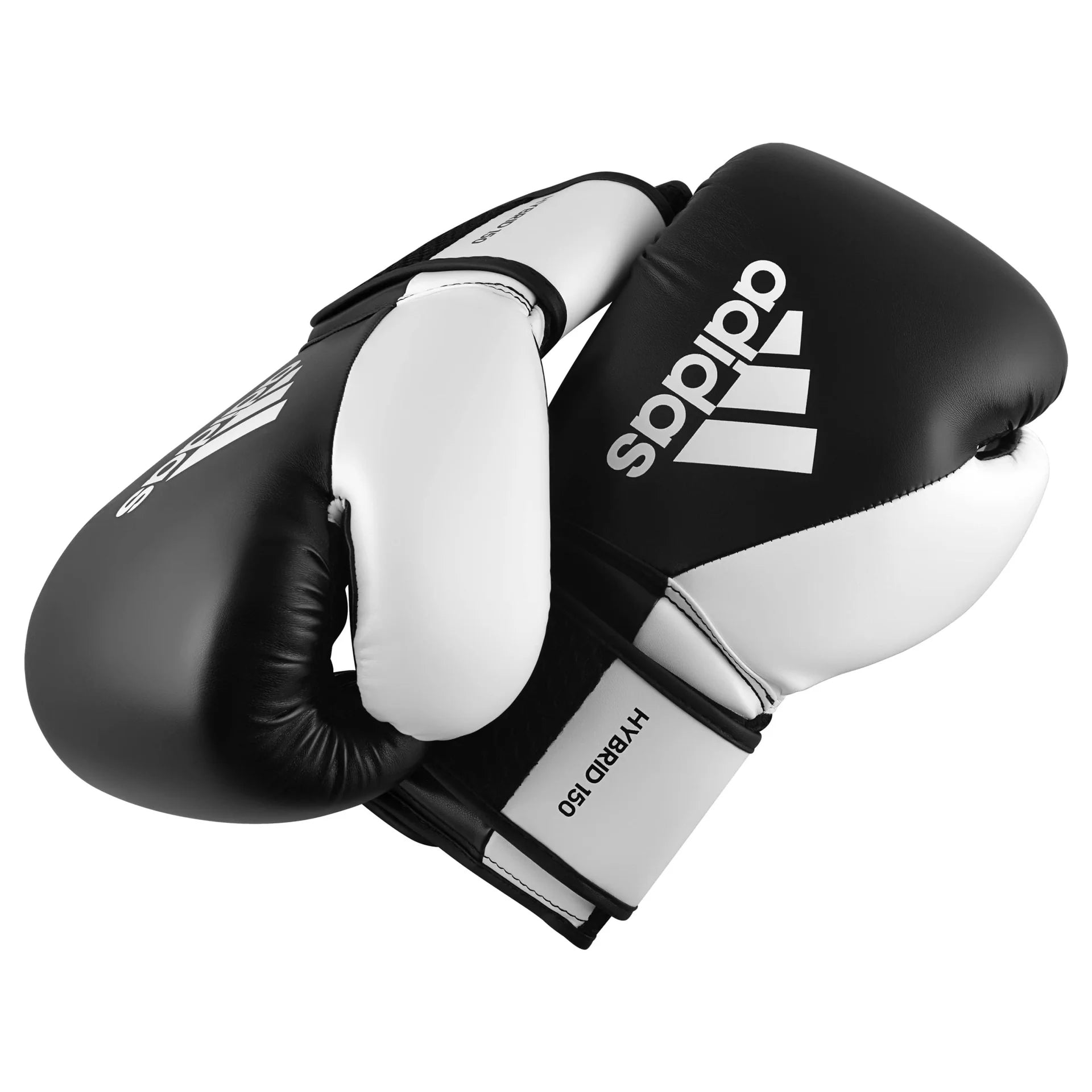 Black and white boxing gloves with Adidas logo on a white background