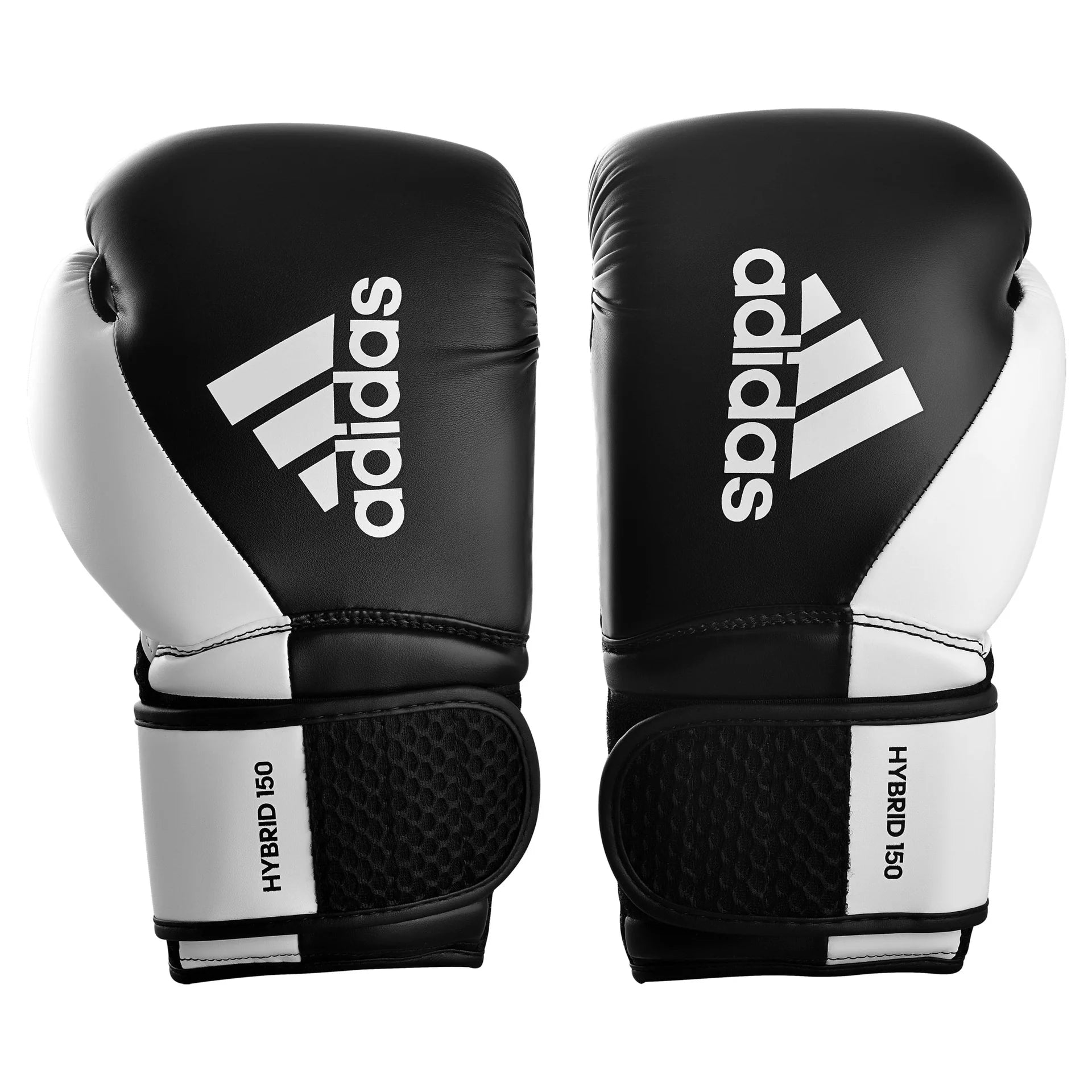 Black and white Adidas boxing gloves on a white background