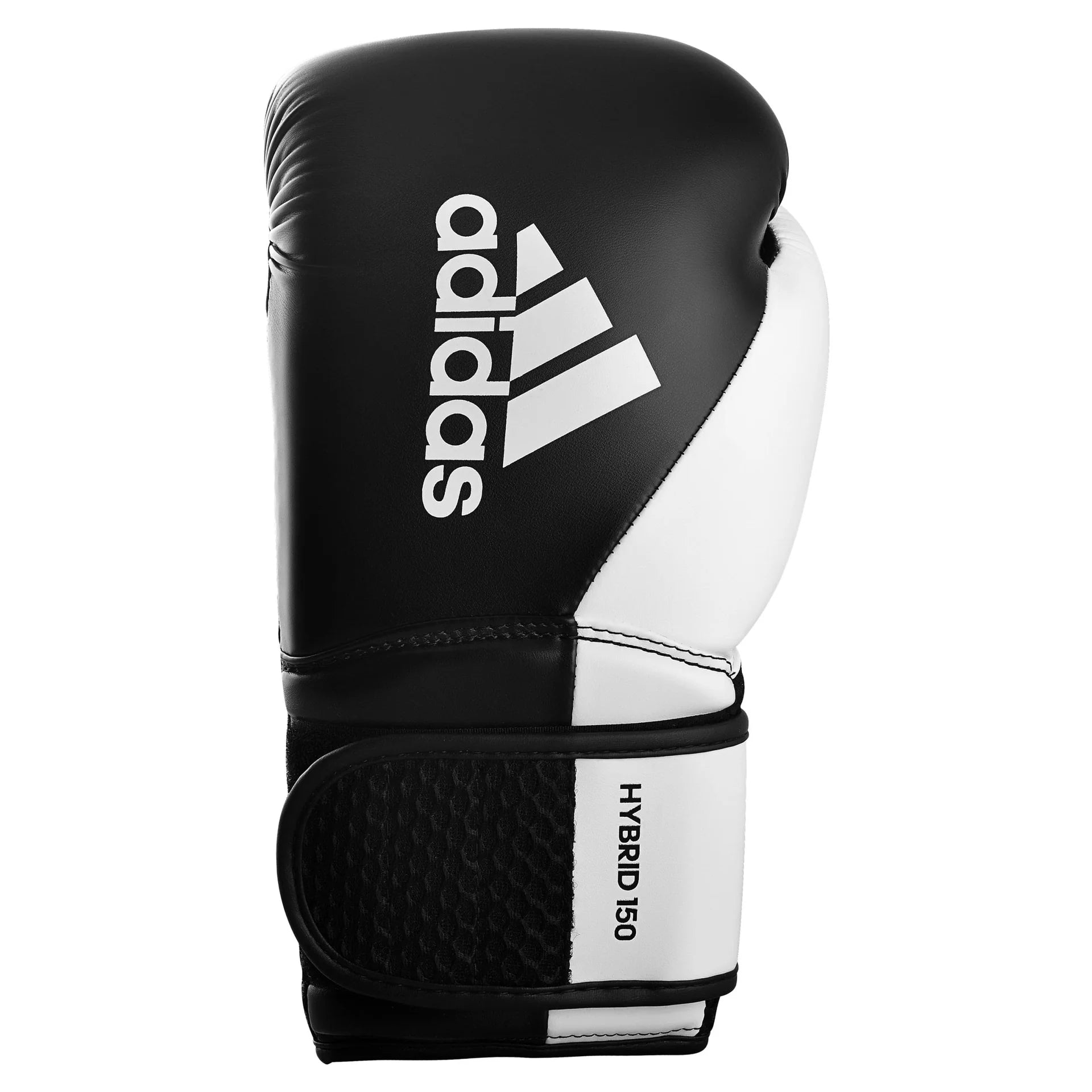 Black and white boxing glove with Adidas logo on a white background