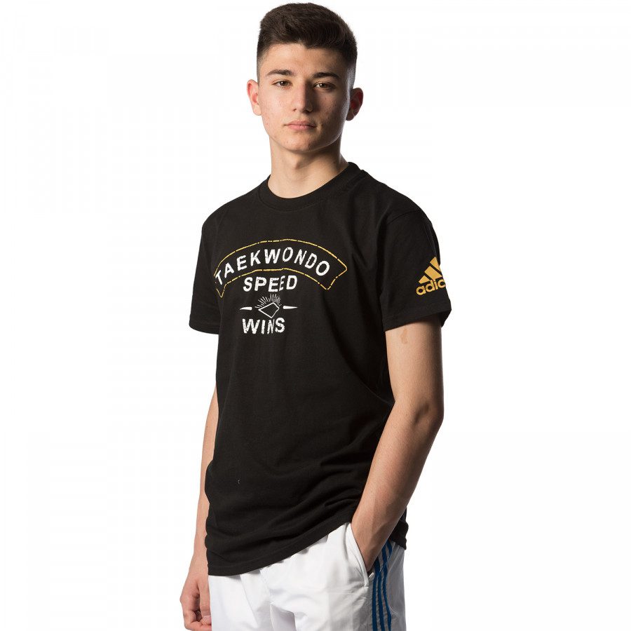Male wearing a black t-shirt with 'Taekwondo Speed Wins' text and Adidas logo on a white background
