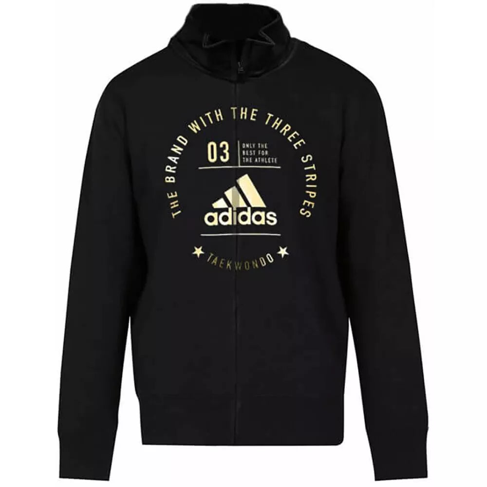 Black hoodie with Adidas logo and text on a white background