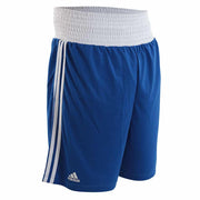Blue shorts with white stripes and Adidas logo on a white background