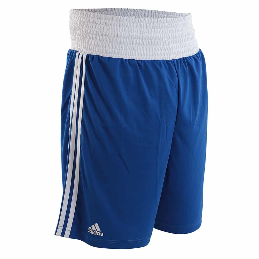 Blue shorts with white stripes and Adidas logo on a white background
