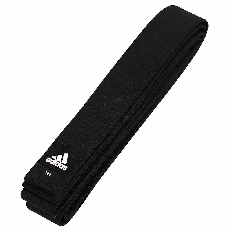 Black martial arts belt with Adidas logo on a white background