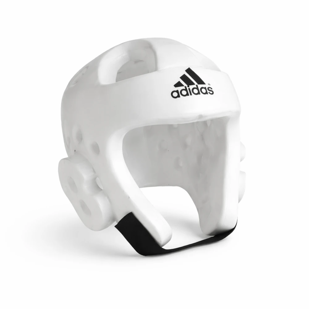 White Adidas boxing headgear on a white background