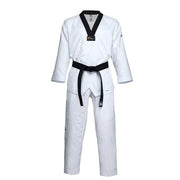 White martial arts uniform with a black belt on a white background